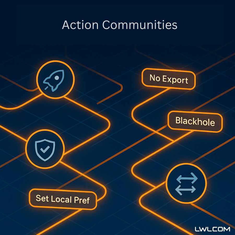 Grafik mit dem Titel 'Action Communities' zeigt drei blaue Kreise mit Symbolen: eine Rakete, ein Schild mit Häkchen und zwei Pfeile in entgegengesetzte Richtungen. Daneben sind orangefarbene Rechtecke mit den Texten 'No Export', 'Blackhole' und 'Set Local Pref'.