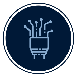 Ein dunkelblauer Kreis. In der Mitte ist ein Stecker, der nach oben gerichtet ist. Aus dem Stecker kommen Linien, die jeweils an einer Stelle abknicken und am Ende einen Punkt haben.